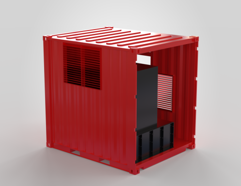 Red shipping container with an open side and two windows.
